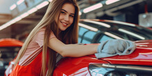 Beautiful Girl With Long Hair In Overalls Washes A Red Car With A Microfiber Cloth, Car Wash, Banner, Poster