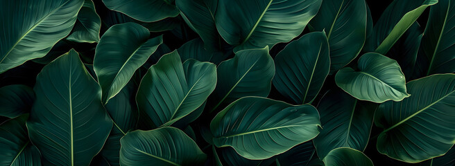 Wall Mural - A nature background featuring an abstract green leaf texture. The image showcases dark green tropical leaves in close-up, revealing layered textures and various elements of tropical flora.