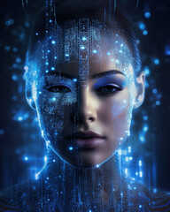 Wall Mural - The face of an android woman, covered with microchips, against the background of IT equipment. An allegory of AI intelligence. A woman's face with a polygonal light.