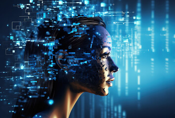 Wall Mural - The face of an android woman, covered with microchips, against the background of IT equipment. An allegory of AI intelligence. A woman's face with a polygonal light. banner