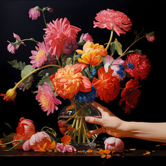 Wall Mural - A pair of hands arranging colorful flowers in a vase