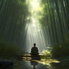 Sticker - A serene meditation scene in a bamboo forest.