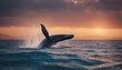 big whale with pointed fins skipping in blue ocean water with foam, sunset 
