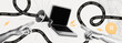 © accogliente - Trendy retro Halftone Collage with Megaphone, Laptop and Hand. Social media news and propaganda. Pop art design loudspeaker. Promotion banner with ripped paper. Conceptual composition