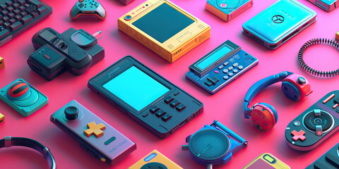 90s Gadgets like Brick Cell Phones, Cassette Player, and Game Ports for Boys in a Technicolor Palette