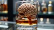 abstract human skull with brains in a glass of whiskey, alcoholism causes dementia, banner, copy space