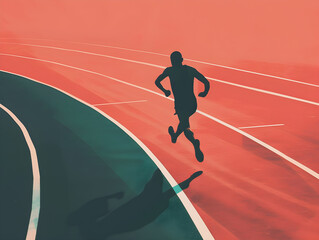 Silhouetted Sprinter on Colorful Track - Athletic Perseverance and Dynamic Motion Concept in Vibrant Red and Green