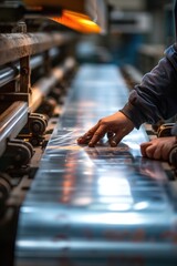 Wall Mural - A man is seen working on a machine in a factory. This image can be used to showcase industrial processes and manufacturing operations