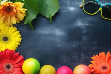 Poster - A blackboard with a bunch of flowers and eggs. Perfect for Easter celebrations or spring-themed designs