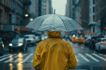 Wall Mural - A person wearing a yellow raincoat holding an umbrella. Suitable for weather-related concepts and outdoor activities