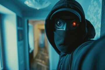Wall Mural - A person wearing a hoodie with a striking red eye. This image can be used to depict mystery, anonymity, or a sense of danger.