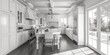 A black and white photo of a kitchen. Suitable for various design projects
