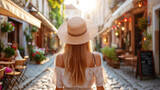 Fototapeta Uliczki - Young woman in a straw hat, tourist, rear view, walks through narrow old European streets with cafes and shops. Tourism and travel concept.
