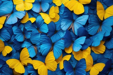 Sticker - A vibrant image featuring a large group of blue and yellow butterflies. Perfect for adding a touch of nature to your designs or projects