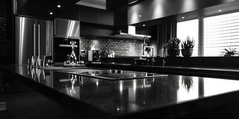 A black and white photo of a kitchen. Ideal for showcasing minimalist interior design or adding a vintage touch to home decor projects