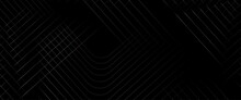 Vector Abstract Black Glowing Geometric Lines On Dark Black Background, Black Abstract Background With Diagonal Lines Design.