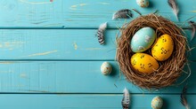 Easter Eggs, Nesting Birds' Feathers On A Blue Wooden Background, A Card Featuring A Duplicate Of The Text's Location, And The Minimalist Concept In Top View.