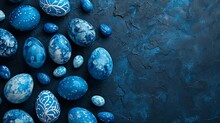Hand-painted Blue Eggs On A Black Background In An Easter-inspired Minimalist Composition With A Top View, Flat Lay, And Copy Space