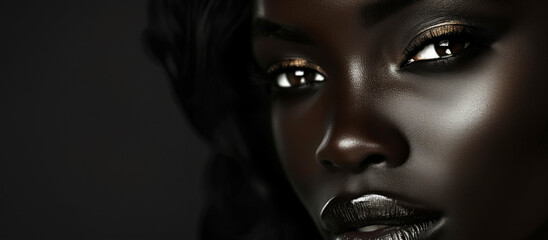portrait, black woman's face on a black background, close-up, fashion photography. fashion model gir