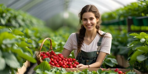 Wall Mural - Happy young woman picks fresh strawberries in a greenhouse. healthy lifestyle, farming hobby. smiling, nature's bounty. AI