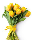 Fototapeta Tulipany -  bouquet of yellow tulips on white background, top view
