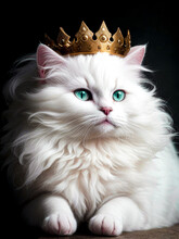 White Fluffy Cat With A Crown On His Head On A Black Background. Portrait Of A Beautiful Cat With Green Eyes