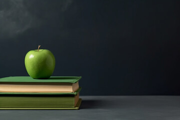 a green apple resting on two closed books on a grey background