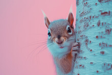 Surprised Squirrel Is Peeking Playfully From Behind A Tree Trunk, Adding A Touch Of Unexpected Charm To The Scene.