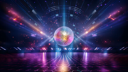 Music stage. Dance floor. Disco ball show performance begin with lighting and amplifier isolated on white background. Generative AI.