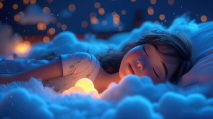  a little girl peacefully sleeping with a softly glowing night lamp