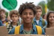 Young boy with a bright smile and curly hair stands out at an environmental rally, holding a sign, exuding optimism and leadership among a crowd of focused young activists