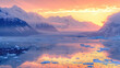 Beautiful scenic view of Hubbard Glacier in Alaska during sunrise in landscape comic style.