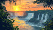 Beautiful scenic view of Iguazu Falls in brazil during sunrise in landscape comic style.
