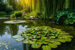 pond with lily pads and a frog, with a weeping willow tree