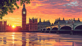 Fototapeta Big Ben - Beautiful scenic view of Big Ben in London during sunrise in landscape comic style.