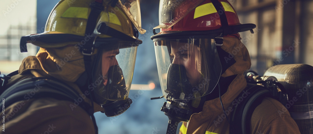 Fire Service Using Teamwork Firefighters in gear engage in a critical discussion, displaying ...