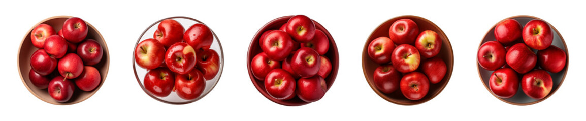 Collection of a bowl of fresh whole red apples isolated on a transparent background, top view