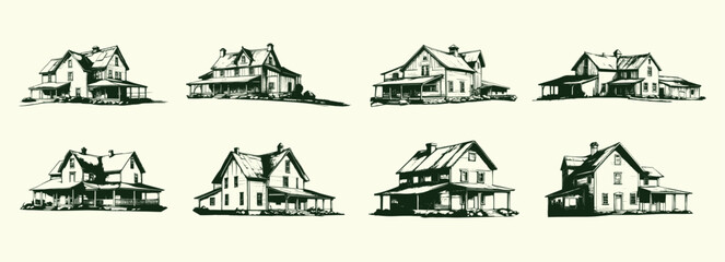 farm house sketch illustration set, hand drawn style. rustic farm, countryside house drawing, vector