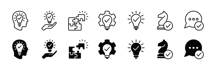 Wall Mural - Creative business solution thin line icon set. Containing idea, strategy, creativity, innovation, thinking, problem-solving, and talking or discussing. Vector illustration