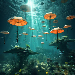 Wall Mural - Surreal underwater landscape with floating umbrellas