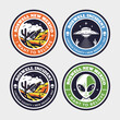 © Oleg and Polly - Aliens and ufo set of vector emblems, labels, badges or logos. Roswell incident. Retro ink style.