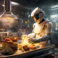 Wall Mural - Robot chef cooking in a high-tech kitchen.
