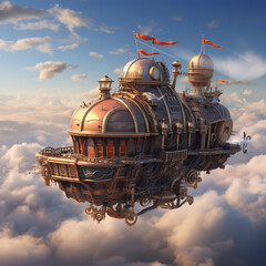 Sticker - Steampunk airship soaring through the clouds.