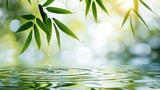Fototapeta Sypialnia - Green bamboo leaves over water with empty space background. AI generated image