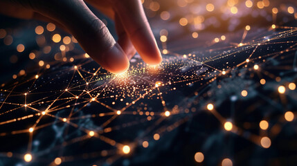 Future technology concept with man finger touching virtual digital interface with gold illuminated map on abstract dark background