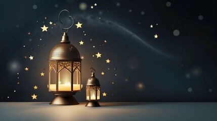 Wall Mural - Premium Eid greeting card illustration with luxurious design. Eid Mubarak background with stars and moon. Islamic lamp design with Eid design