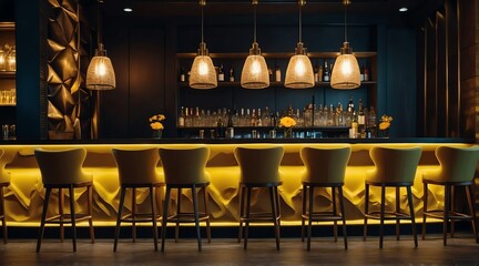 Empty bar in a trendy modern night club chairs in row, yellow theme from Generative AI