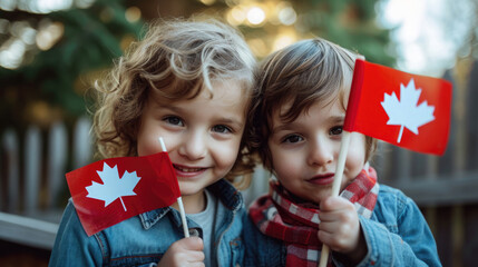 small children holding a Canadian flag on a stick in their hands, friends on the street