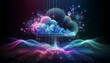 High-availability cloud services: Abstract cloud with vibrant waves and geometric patterns.