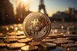 bitcoin coin with the effeil tower in defocused background
